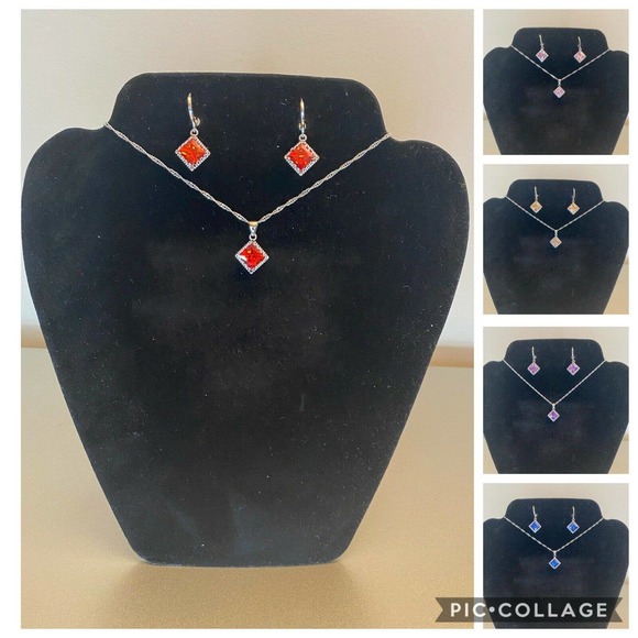 Silver Red Ruby Princess Cut Crystal Rhinestone Zirconia Necklace Earrings Set - Picture 2 of 2